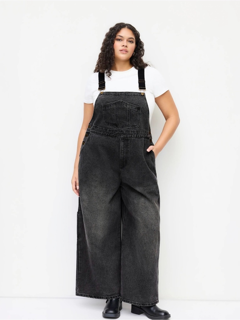 Cider Black Washed Denim Overalls for Women - Relaxed Wide Leg